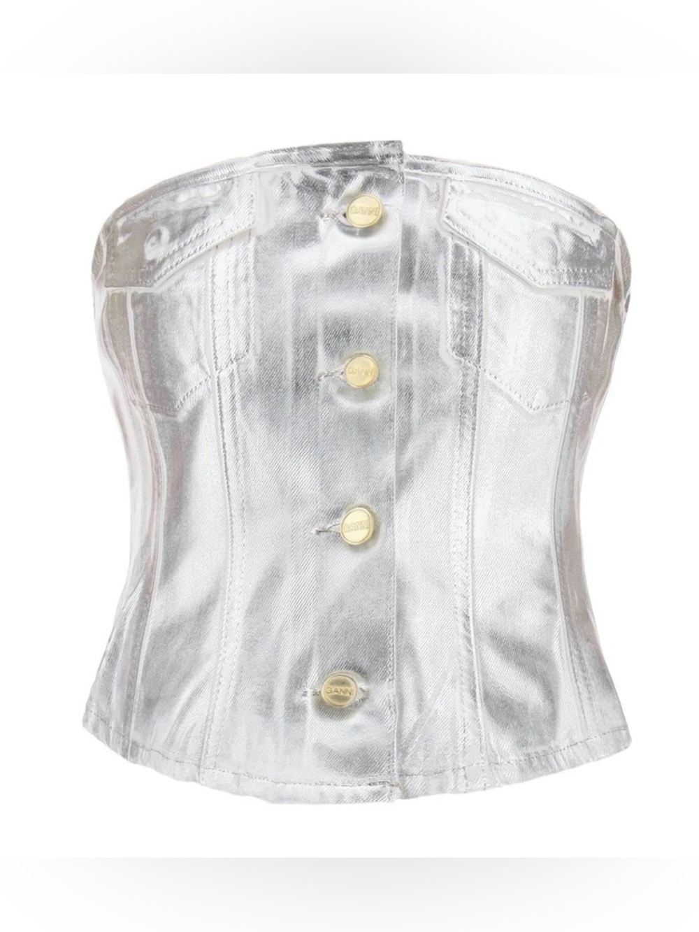 GANNI Foil Corsage Corset Top Size 38 
Silver Metallic Organic
Cotton Coquette